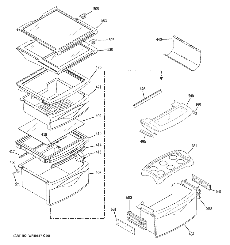FRESH FOOD SHELVES Diagram and Parts List for ZFSB25DTB SS  General Electric Refrigerator
