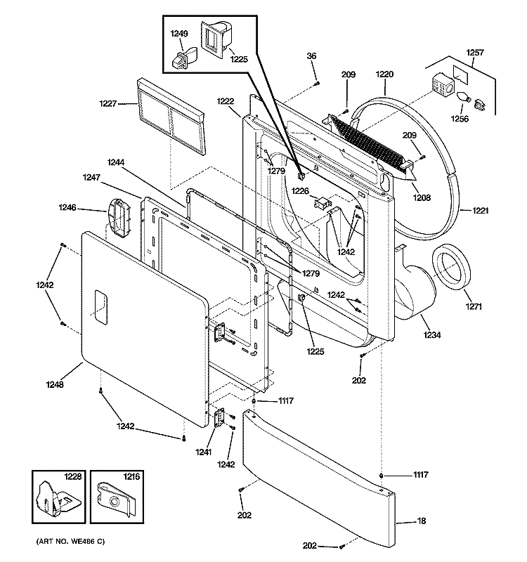 FRONT PANEL & DOOR Diagram and Parts List for DSXH47GG0WW  General Electric Dryer