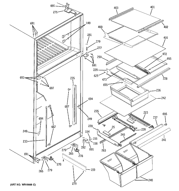 FRESH FOOD SHELVES Diagram and Parts List for GTS18TBSBBB  General Electric Refrigerator