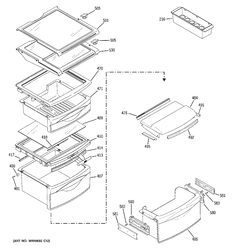 FRESH FOOD SHELVES Diagram and Parts List for PSK25MGSDCCC  General Electric Refrigerator