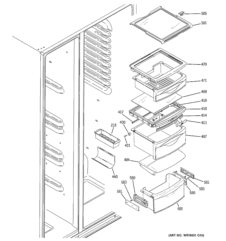 FRESH FOOD SHELVES Diagram and Parts List for RSK25LCSDCCC  General Electric Refrigerator