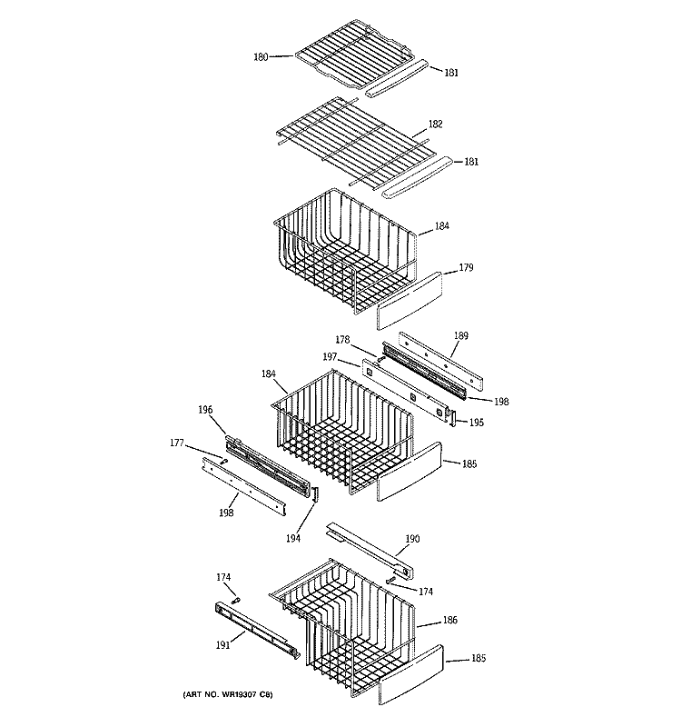 FREEZER SHELVES Diagram and Parts List for RSK27NGSDCCC  General Electric Refrigerator
