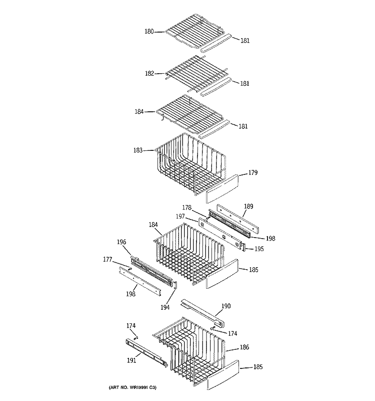 FREEZER SHELVES Diagram and Parts List for PSS26MGTECC  General Electric Refrigerator