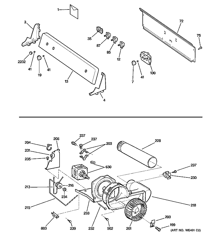 BACKSPLASH, BLOWER & MOTOR ASSEMBLY Diagram and Parts List for NWXR483GG0WW  Hotpoint Dryer