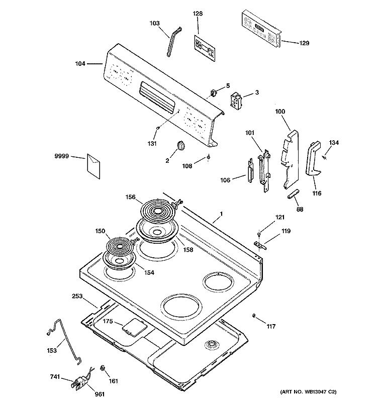 CONTROL PANEL & COOKTOP Diagram and Parts List for RB740BH3WH  Hotpoint Range