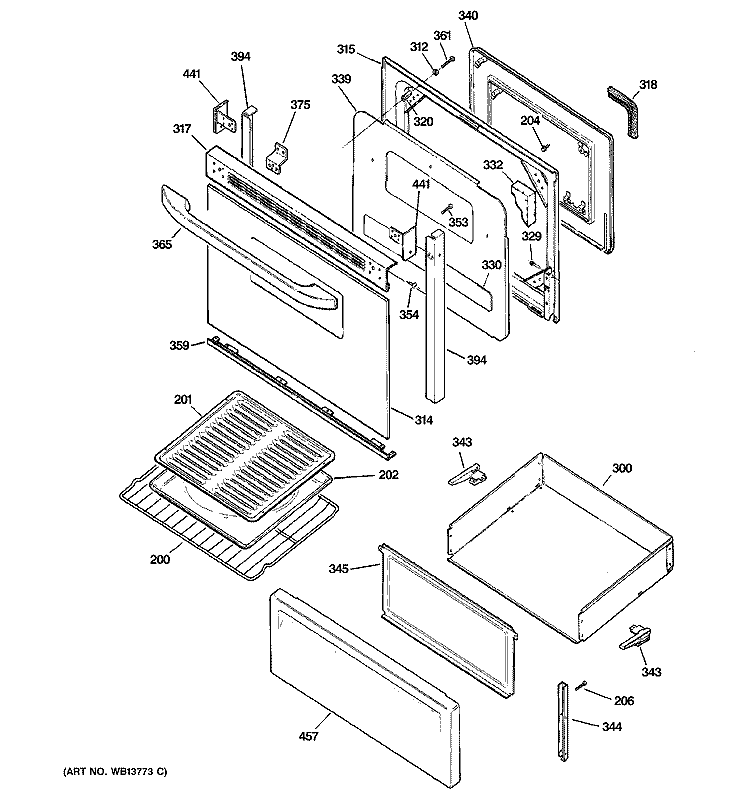 DOOR & DRAWER PARTS Diagram and Parts List for RB740BH3WH  Hotpoint Range