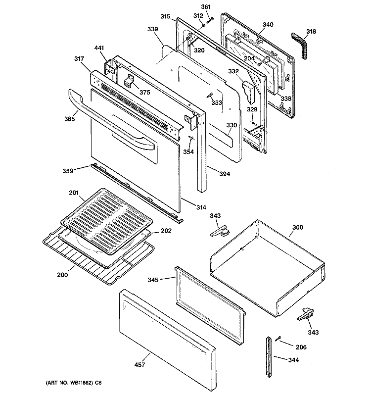 DOOR & DRAWER PARTS Diagram and Parts List for RB787WH3WW  Hotpoint Range