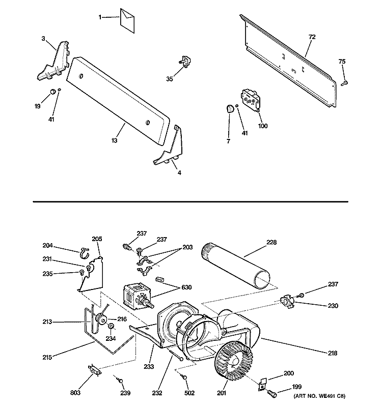 BACKSPLASH, BLOWER & MOTOR ASSEMBLY Diagram and Parts List for DX2300GG0WW  General Electric Dryer