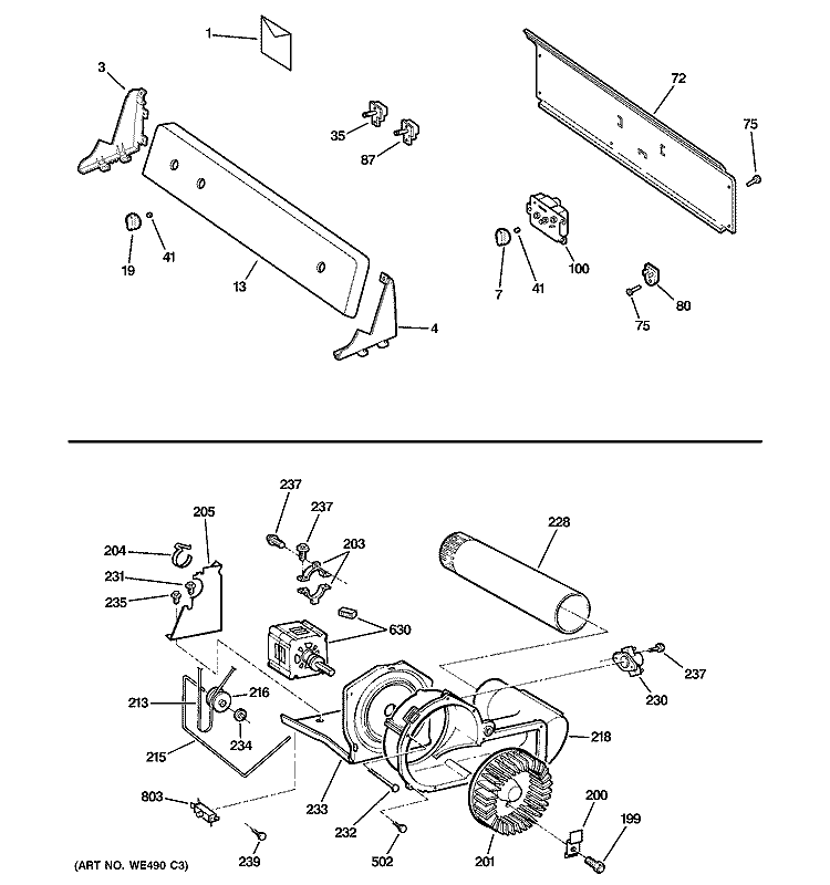BACKSPLASH, BLOWER & MOTOR Diagram and Parts List for DX4500EG0WW  General Electric Dryer