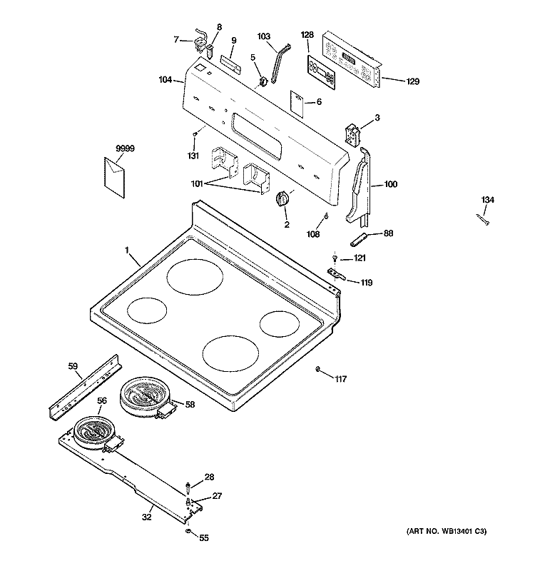 CONTROL PANEL & COOKTOP Diagram and Parts List for ECBS68WJ2WW  General Electric Range