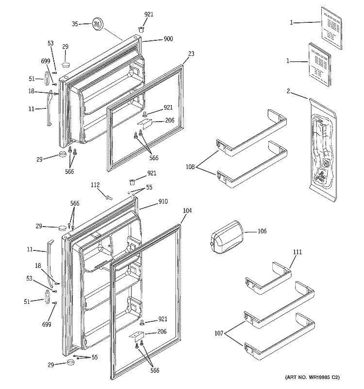DOORS Diagram and Parts List for GTS18TBSACC  General Electric Refrigerator