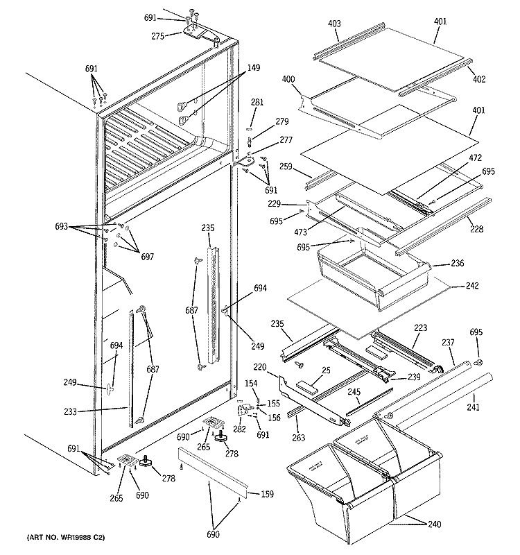 FRESH FOOD SHELVES Diagram and Parts List for GTS18TCSBWW  General Electric Refrigerator