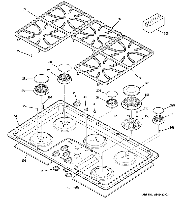 CONTROL PANEL & COOKTOP Diagram and Parts List for JGP975BEK1BB  General Electric Cooktop