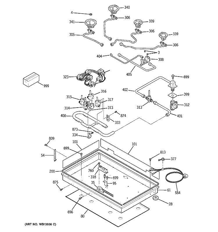 GAS & BURNER PARTS Diagram and Parts List for JGP975BEK2BB  General Electric Cooktop