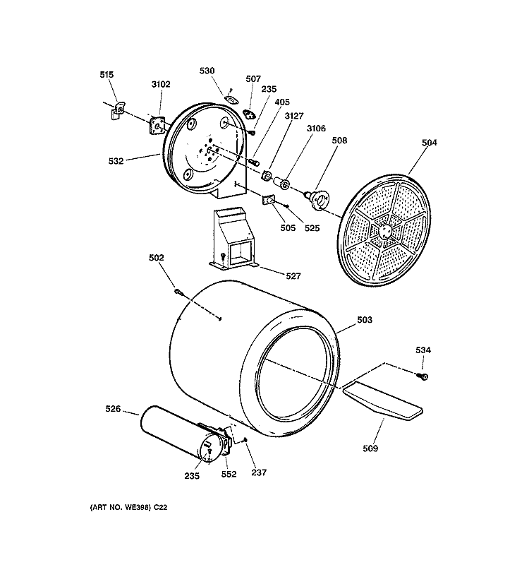 DRUM Diagram and Parts List for DWSR483GG0WW  General Electric Dryer