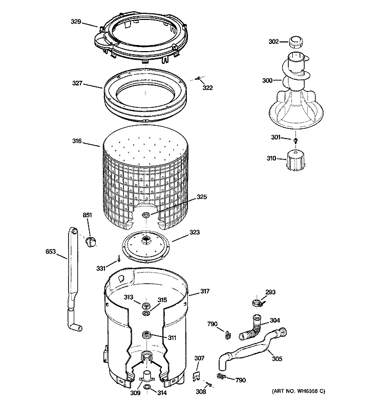 TUB, BASKET & AGITATOR Diagram and Parts List for GHDSR209H2WW  General Electric Washer