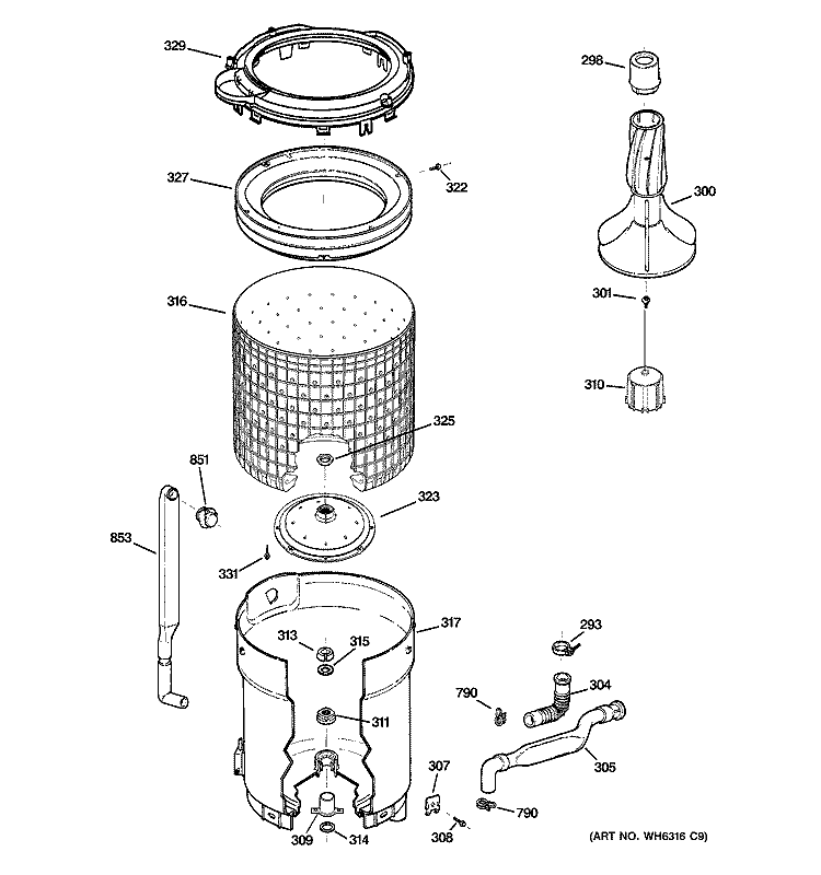 TUB, BASKET & AGITATOR Diagram and Parts List for WLSR2000G2WW  General Electric Washer