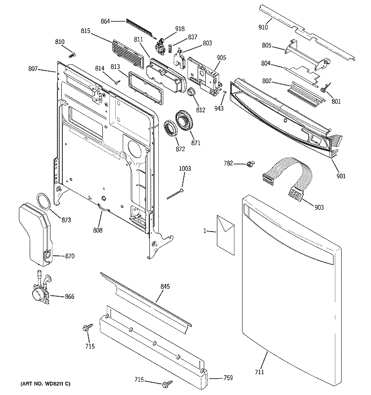 ESCUTCHEON & DOOR ASSEMBLY Diagram and Parts List for PDW7980N00SS  General Electric Dishwasher