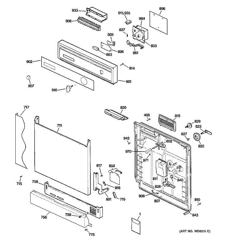 ESCUTCHEON & DOOR ASSEMBLY Diagram and Parts List for GSD3160N00SS  General Electric Dishwasher