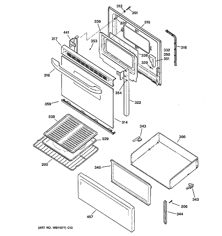 DOOR & DRAWER PARTS Diagram and Parts List for ECBS68WJ3WW  General Electric Range