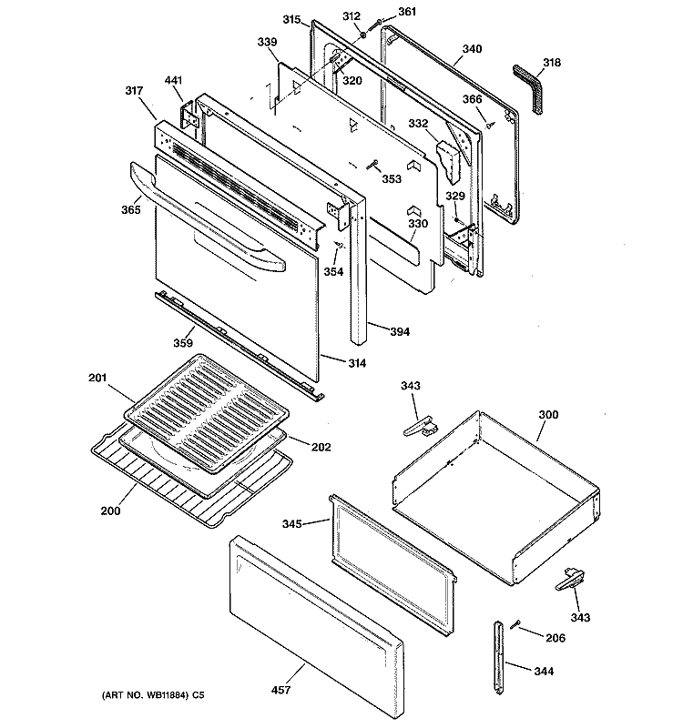 DOOR & DRAWER PARTS Diagram and Parts List for JBP60BH3WH  General Electric Range