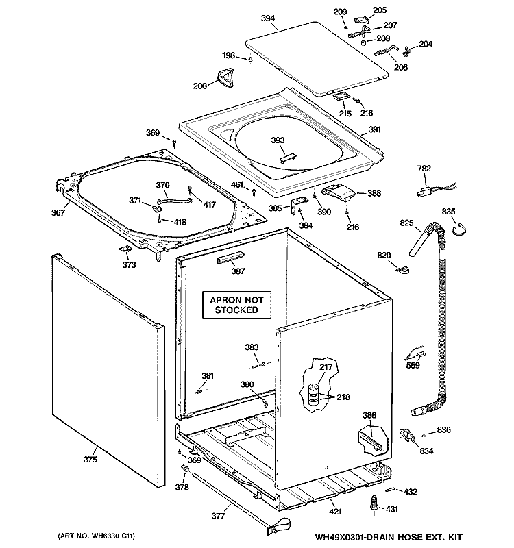 CABINT, COVER & FRONT PANEL Diagram and Parts List for WHDRR418E1WW  General Electric Washer