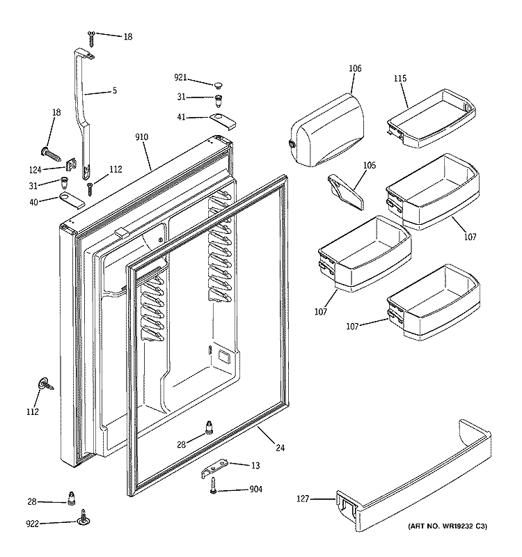 FRESH FOOD DOOR Diagram and Parts List for GTE22JBTARWW  General Electric Refrigerator