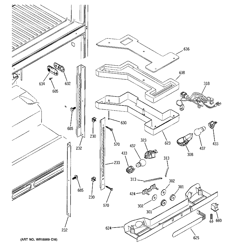 FRESH FOOD SECTION Diagram and Parts List for GTE22JBTARWW  General Electric Refrigerator