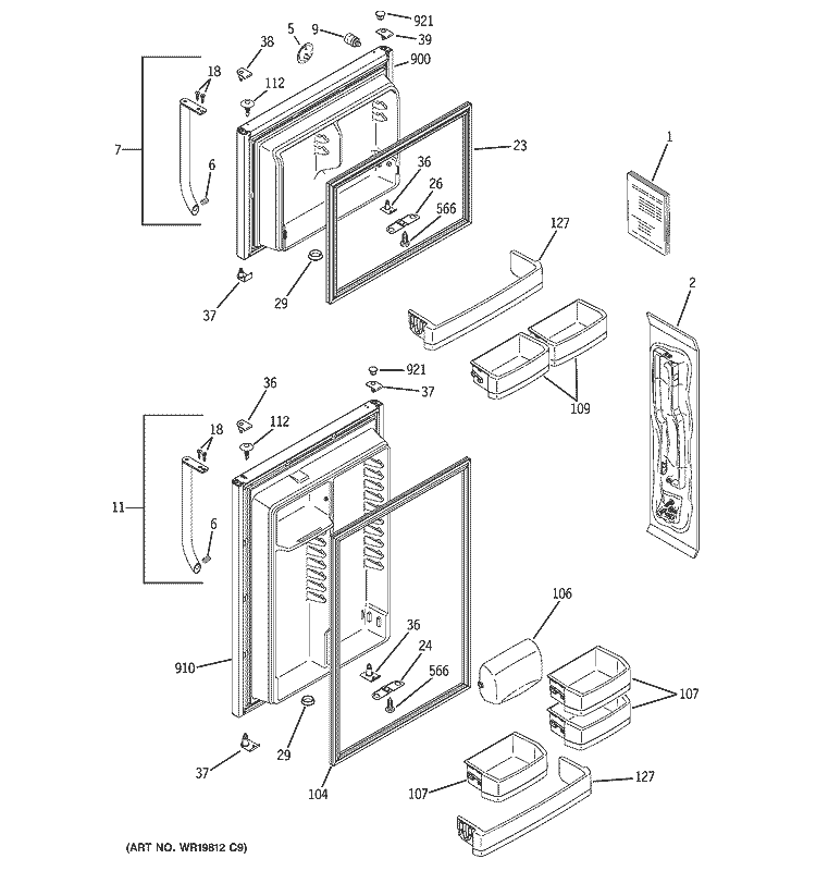 DOORS Diagram and Parts List for GTS18SBSBRSS  General Electric Refrigerator