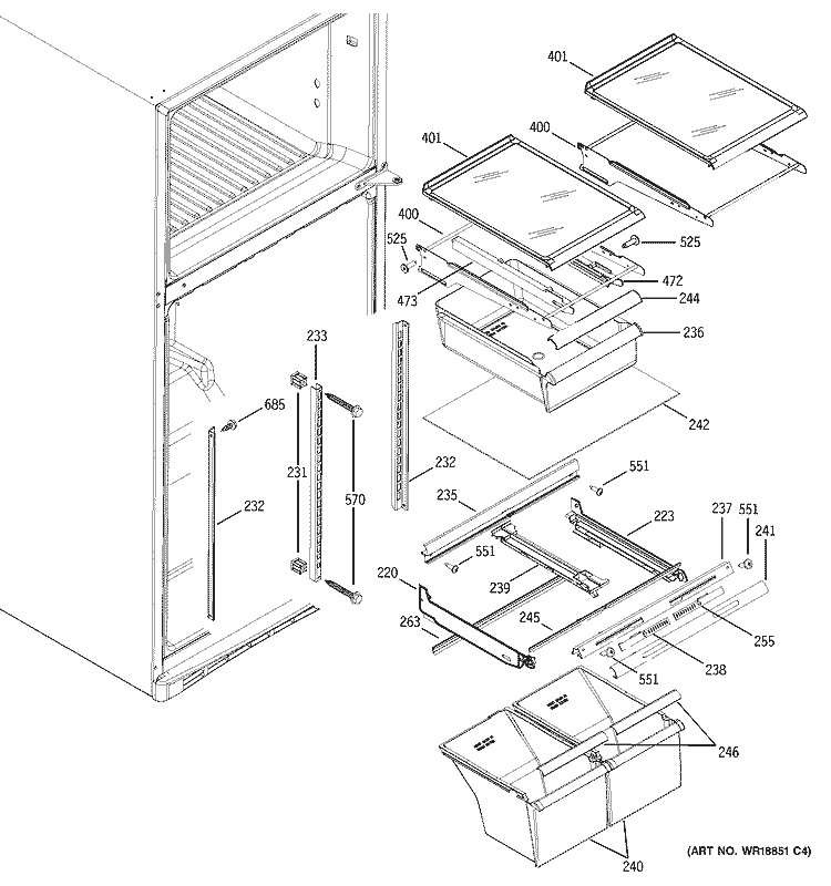 FRESH FOOD SHELVES Diagram and Parts List for GTS18SBSBRSS  General Electric Refrigerator