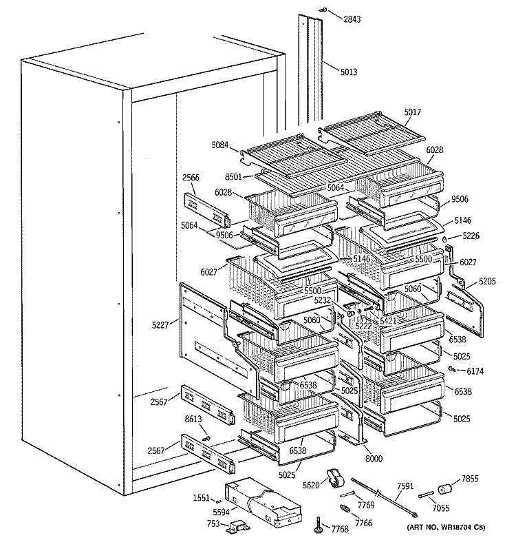SHELVES & DRAWERS Diagram and Parts List for ZIFS36NMBLH  General Electric Freezer
