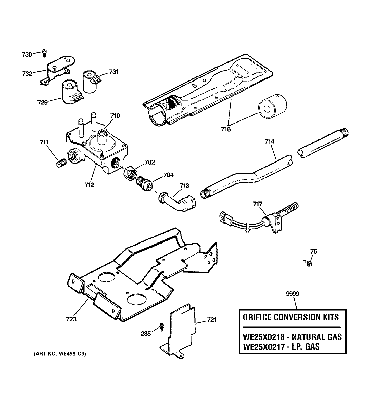 GAS VALVE & BURNER ASSEMBLY Diagram and Parts List for DBXR463PF0WW  General Electric Dryer