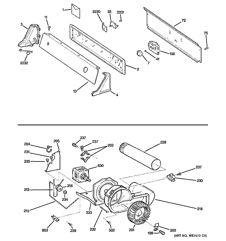 BACKSPLASH, BLOWER & MOTOR ASSEMBLY Diagram and Parts List for DVLR223PF0WW  General Electric Dryer