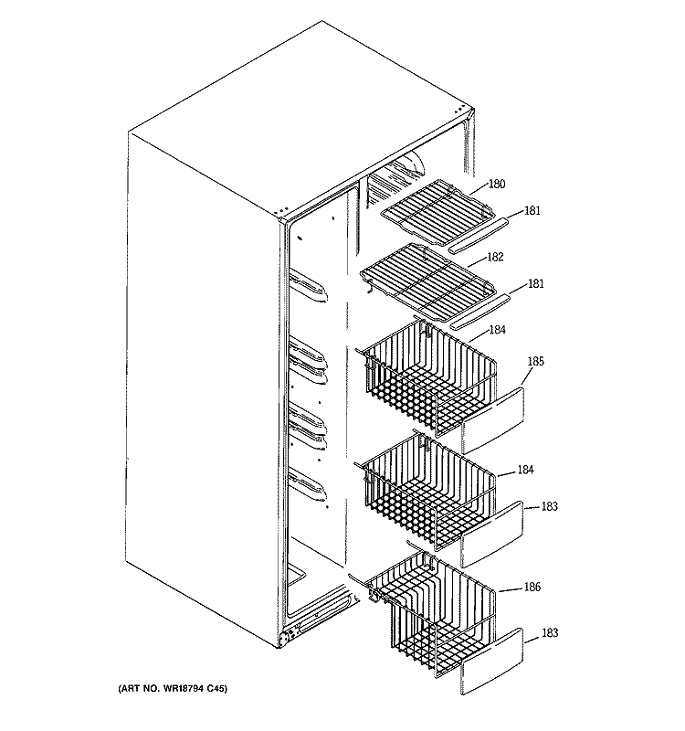 FREEZER SHELVES Diagram and Parts List for GSE25MGTBCSS  General Electric Refrigerator