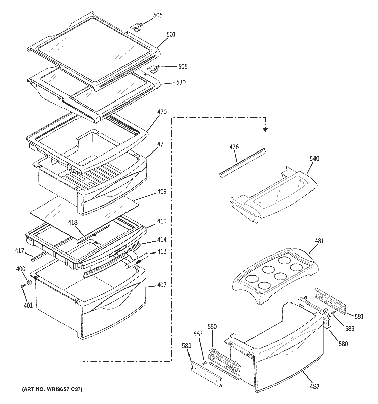 FRESH FOOD SHELVES Diagram and Parts List for ZFSB26DRISS  General Electric Refrigerator