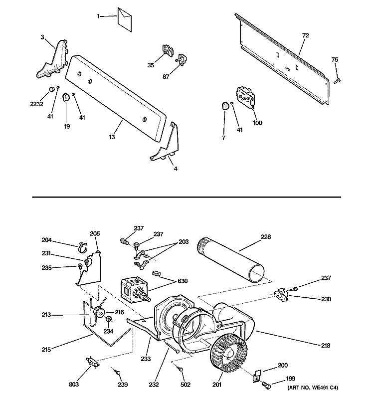 BACKSPLASH, BLOWER & MOTOR Diagram and Parts List for NBXR333GG1WW  Hotpoint Dryer