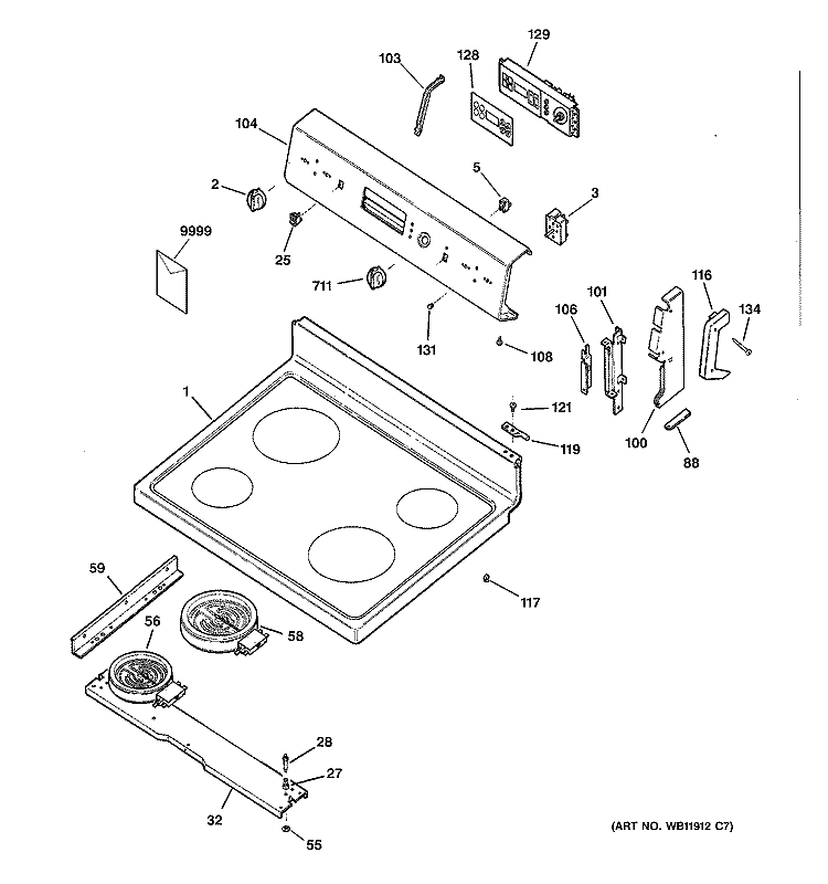 CONTROL PANEL & COOKTOP Diagram and Parts List for RB797AC1AA  Hotpoint Range