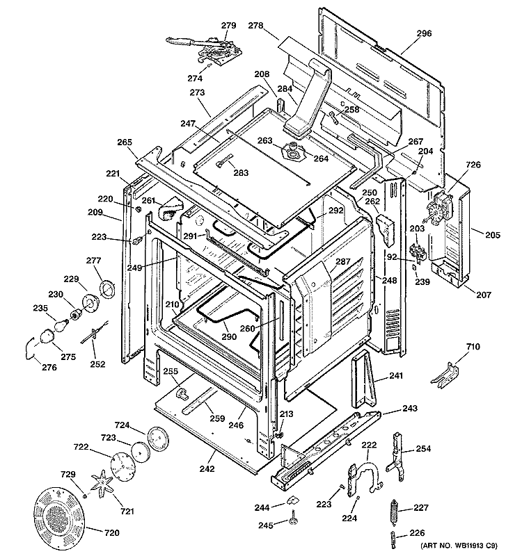 BODY PARTS Diagram and Parts List for RB797AC1AA  Hotpoint Range