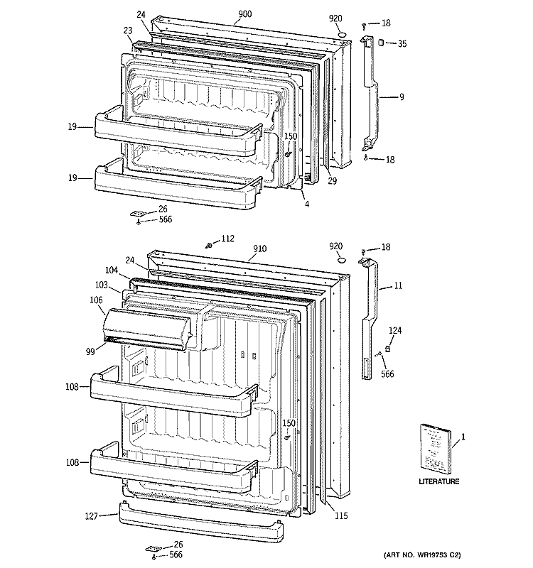 DOORS Diagram and Parts List for GTY18KYWARWW  General Electric Refrigerator