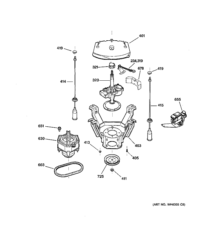 SUSPENSION, PUMP & DRIVE COMPONENTS Diagram and Parts List for WNRD2050D1WC  General Electric Washer