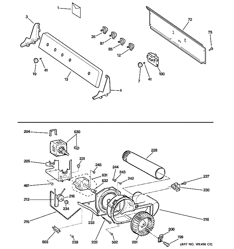 BACKSPLASH, BLOWER & MOTOR Diagram and Parts List for DLSR483GG1WW  General Electric Dryer