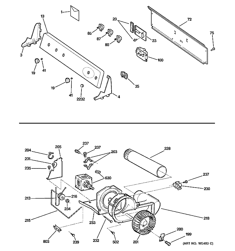 BACKSPLASH, BLOWER & MOTOR Diagram and Parts List for DRSR495EG1WW  General Electric Dryer