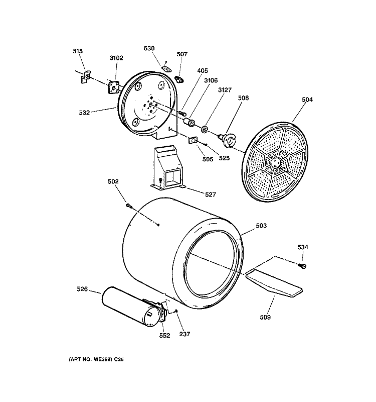 DRUM Diagram and Parts List for DRSR495GG1WW  General Electric Dryer