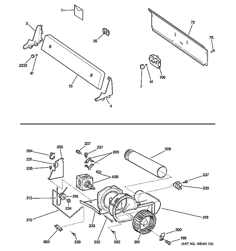 BACKSPLASH, BLOWER & MOTOR Diagram and Parts List for DVLR223GG1WW  General Electric Dryer