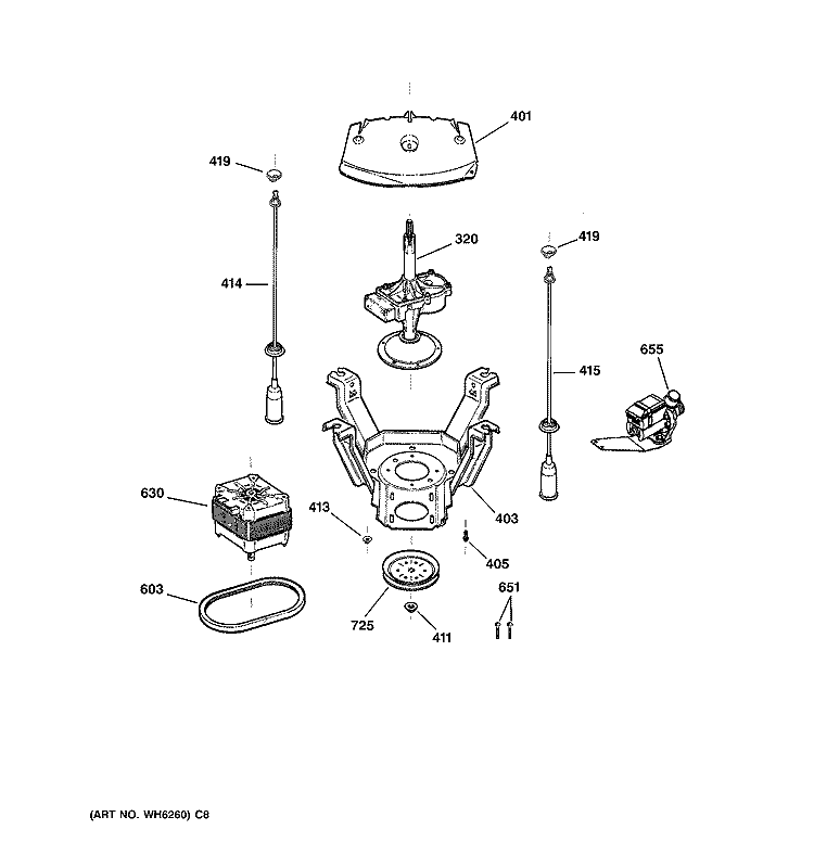 SUSPENSION, PUMP & DRIVE COMPONENTS Diagram and Parts List for WVSR1060G3WW  General Electric Washer