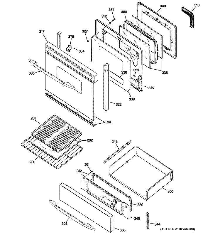 DOOR & DRAWER PARTS Diagram and Parts List for JGB908SEL2SS  General Electric Range