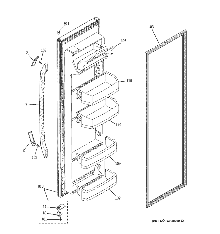 FRESH FOOD DOOR Diagram and Parts List for GSL25JFTCBS  General Electric Refrigerator