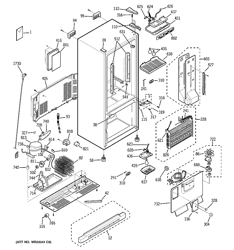 CABINET Diagram and Parts List for PDS20MBWACC  General Electric Refrigerator