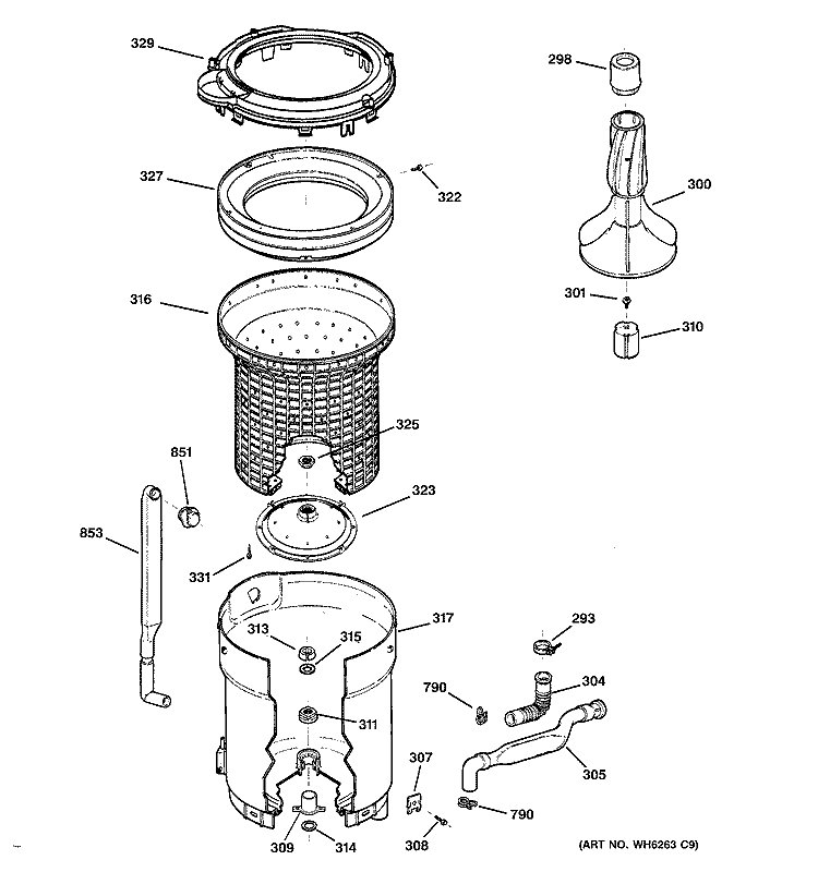 TUB, BASKET & AGITATOR Diagram and Parts List for S2200Y1WW  General Electric Washer