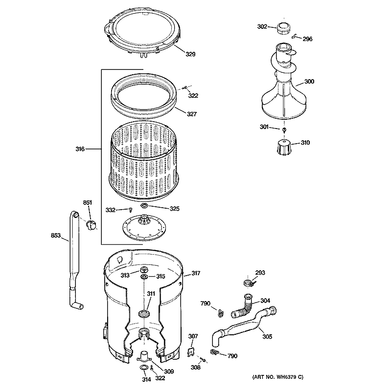 TUB, BASKET & AGITATOR Diagram and Parts List for WCRD2050H0WC  General Electric Washer